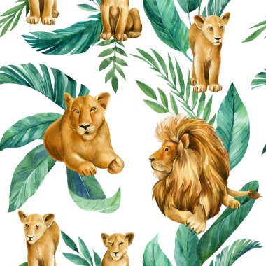 Suluboya hayvanlar, aslan, dişi aslan ve aslan yavruları. Duvar kağıdı ya da kumaş için kusursuz desenler. Palmiye yaprakları