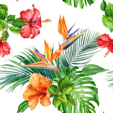 Tropik çiçekler, palmiye yaprakları. Egzotik bitkiler pürüzsüz desen, suluboya botanik resim, dijital kağıt