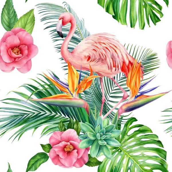 热带花、叶子和火烈鸟。异国植物,水彩画无缝图案,数码纸 — 图库照片