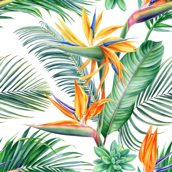 Tropical flowers, palm leaves. Exotic plants seamless pattern, watercolor botanical painting, digital paper — Stock Photo, Image