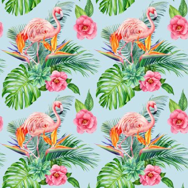 Tropik çiçekler, yapraklar ve flamingolar. Egzotik bitki örtüsü, suluboya çizimi, pürüzsüz desen, duvar kağıdı.