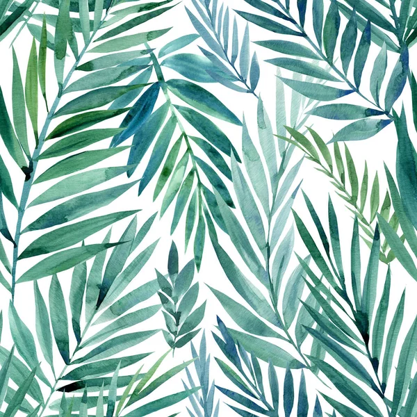Padrão sem costura de folhas tropicais verdes, ilustração aquarela, projeto da selva — Fotografia de Stock