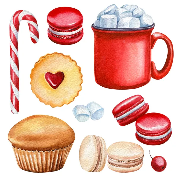Süßes Set. Tasse Kakao und Kekse, Lutscher, Macarons und Marshmallows, auf weißem Hintergrund, Aquarellzeichnung — Stockfoto