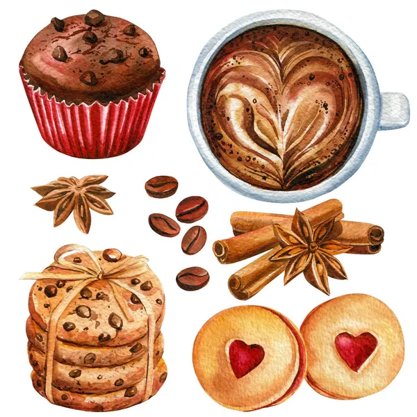 Süßes Set. Tasse Kaffee und Kekse, Anis, Zimt, Körner auf weißem Hintergrund, Aquarellzeichnung — Stockfoto