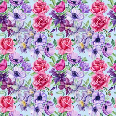 Amonlar, klematis, mavi arka planda güller. Suluboya el çizimi. Mor ve pembe çiçekler. Çiçeksiz desen