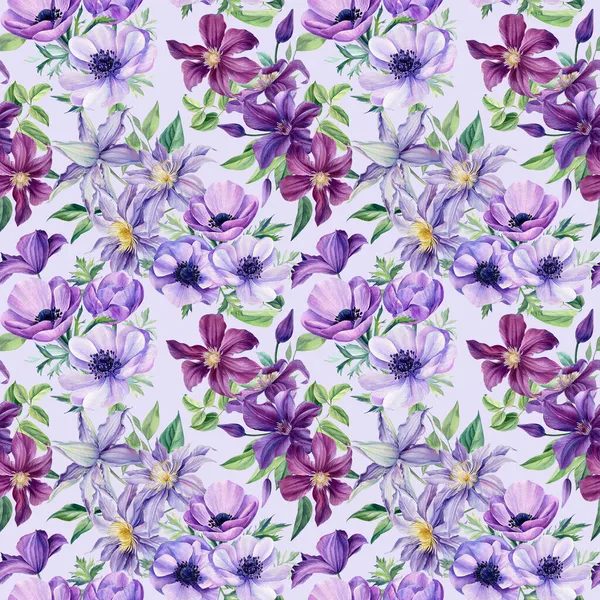 Purple Anemones, clematis, leaves and bud watercolor hand drawing. Floral seamless pattern — Stock Photo, Image