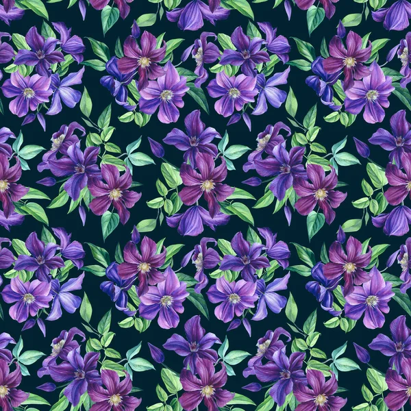 Фиолетовый дизайн цветов. Клематис, листья и бутон акварели. Цветочный бесшовный рисунок. — стоковое фото