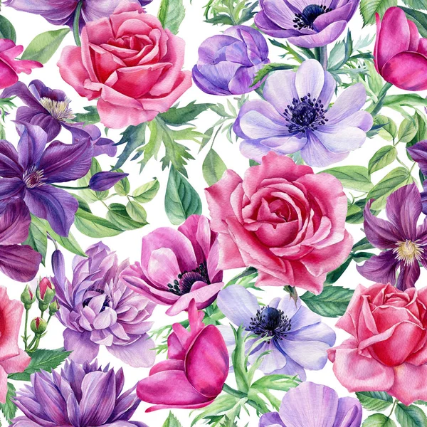 Mor ve pembe çiçekler. Amonlar, klematis, güller, yapraklar ve suluboya el çizimi. Çiçeksiz desen — Stok fotoğraf