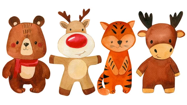 Karácsonyi aranyos állatok, szarvas, jávorszarvas, medve és tigris elszigetelt fehér háttér, akvarell illusztráció — Stock Fotó