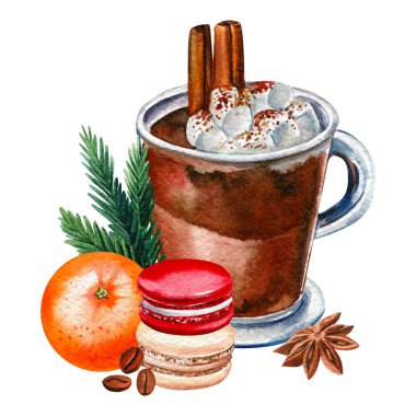 Noel tatlısı, mandalina, badem kurabiyesi, marşmelov ve kakao. Suluboya çizimleri