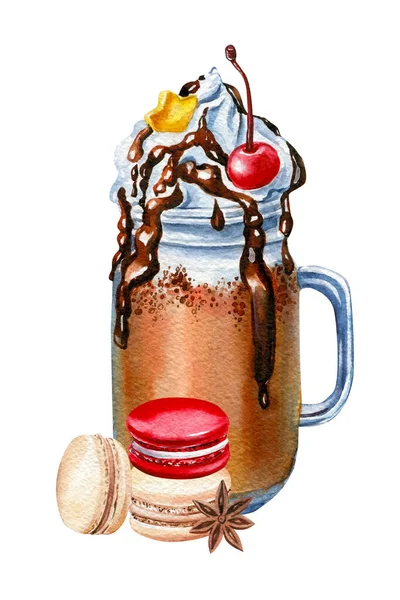 Sladkosti, makaróny a kakao. Akvarelové ilustrace, koktejl — Stock fotografie