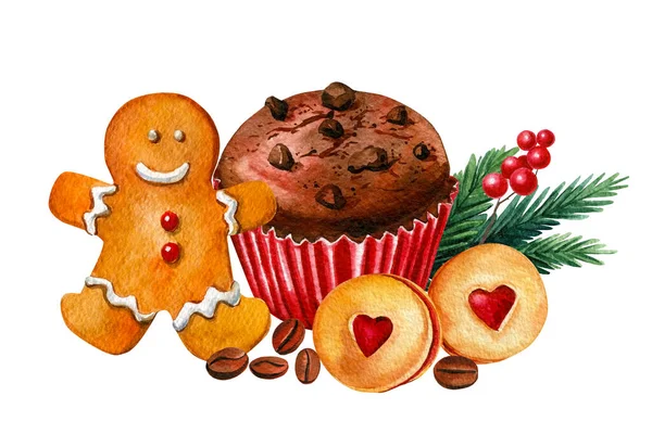 クリスマスのお菓子、クッキー、ジンジャーブレッドマン、ベリー、カップケーキの水彩イラスト — ストック写真