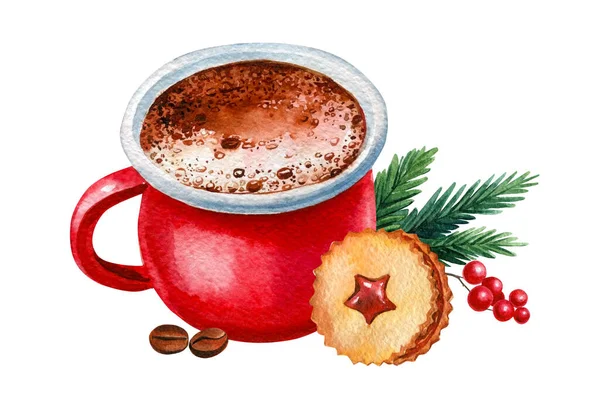 Koekjes en cacao in een rode beker. Kerstsnoep en warme drank. aquarelillustraties — Stockfoto