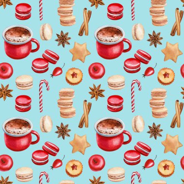 Noel tatlıları ve sıcak içecekler, kusursuz desenler, suluboya çizimler.