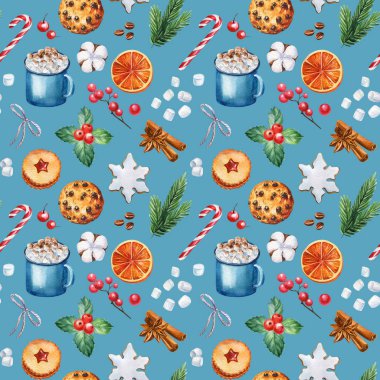 Noel tatlıları ve sıcak içecekler, kusursuz desenler, suluboya çizimler.