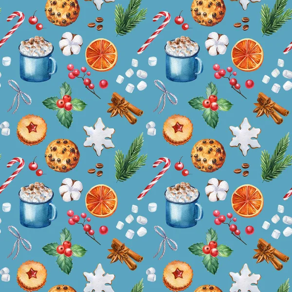 Weihnachtssüßigkeiten und Heißgetränke, nahtlose Muster, Aquarell-Illustrationen — Stockfoto