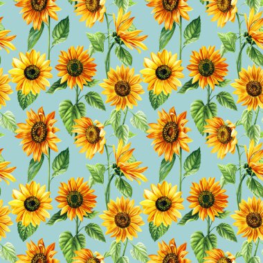 Mavi arka planda elle çizilmiş suluboya ayçiçekleri ile kusursuz desen