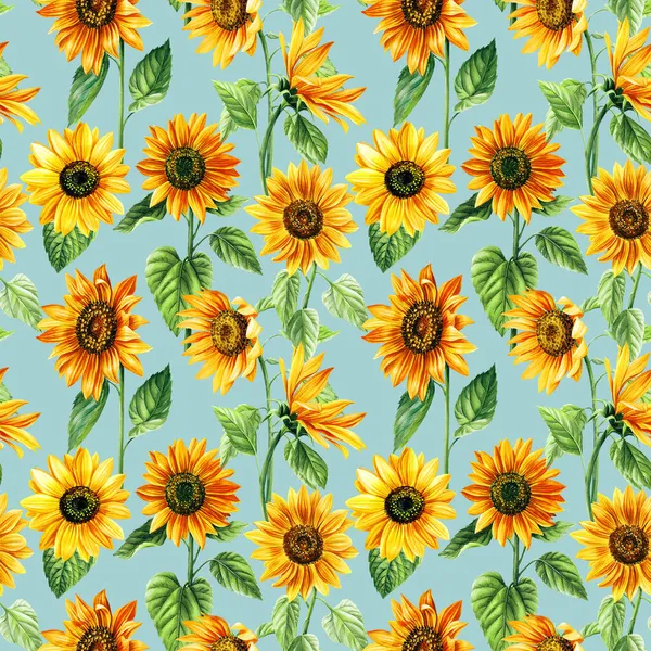 Mavi arka planda elle çizilmiş suluboya ayçiçekleri ile kusursuz desen