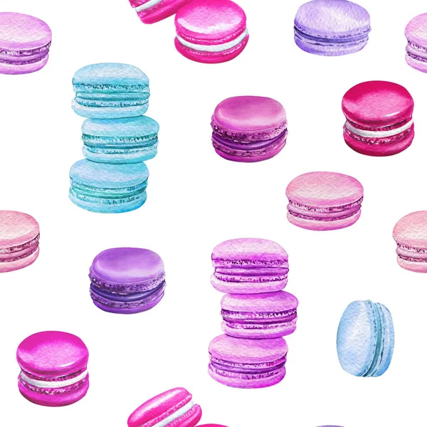 Makronen, Süßigkeiten rosa nahtlose Muster, Aquarell-Illustrationen — Stockfoto
