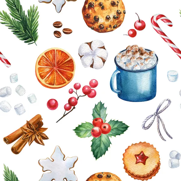Karácsonyi édességek és forró italok, zökkenőmentes minta, akvarell illusztrációk — Stock Fotó