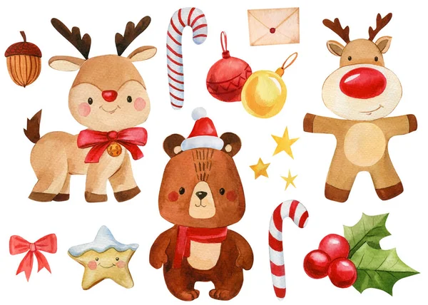 Sada roztomilá vánoční zvířata, jelen, medvěd a hvězda na izolovaném bílém pozadí, akvarel ilustrace, legrační hračky — Stock fotografie