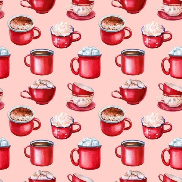 Rote Tasse, Aquarell-Abbildungen Heißgetränke, nahtlose Muster — Stockfoto
