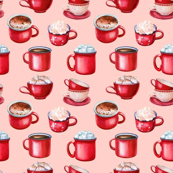 red cup, watercolor illustrations hot drinks, seamless pattern