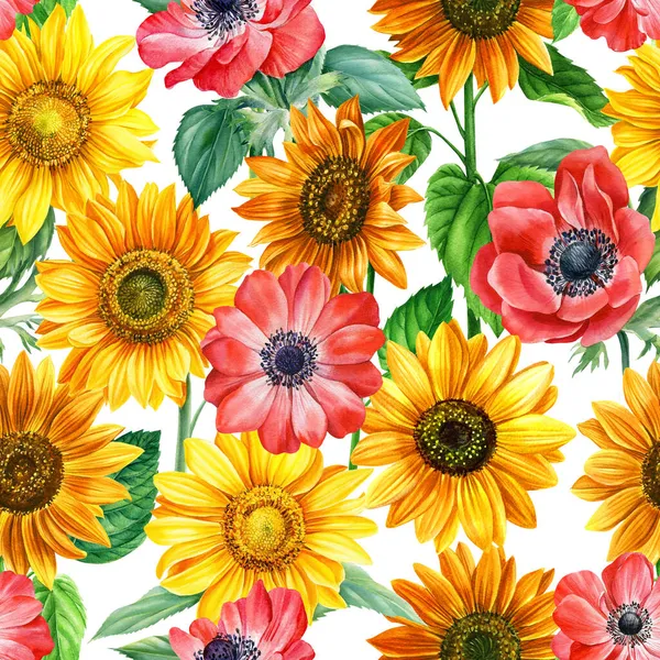 Anemony Słoneczniki bukiet akwarela ręcznie malowane bezszwowy wzór — Zdjęcie stockowe