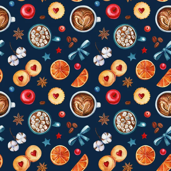 Kaffee und Kekse Aquarell Illustrationen. Weihnachtssüßigkeiten und Heißgetränke, nahtloses Muster — Stockfoto