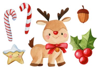 Bir dizi Noel elementi. Geyik, çobanpüskülü, beyaz arka planda yıldız suluboya çizimi, komik oyuncaklar.