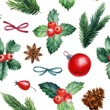 Noel ve yeni yıl pürüzsüz desen, suluboya çizimler