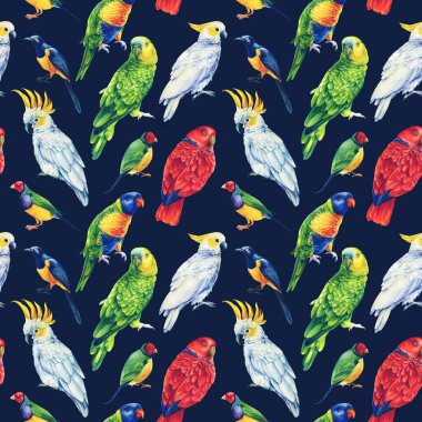 Tropikal kuşlar suluboya resimleme kusursuz desen