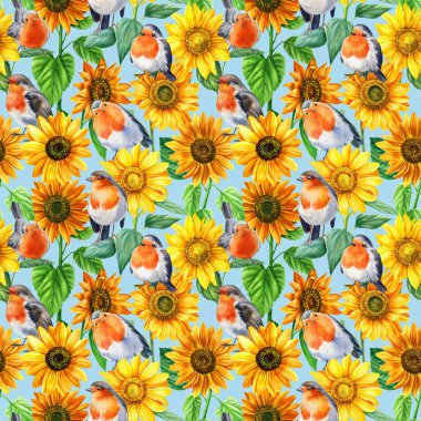 Robin ve ayçiçekleri, çiçekler ve kuşlar suluboya çizimler kusursuz desenler