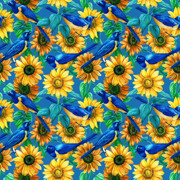 Vögel Star und Sonnenblume, Aquarell Illustration nahtlose Muster — Stockfoto