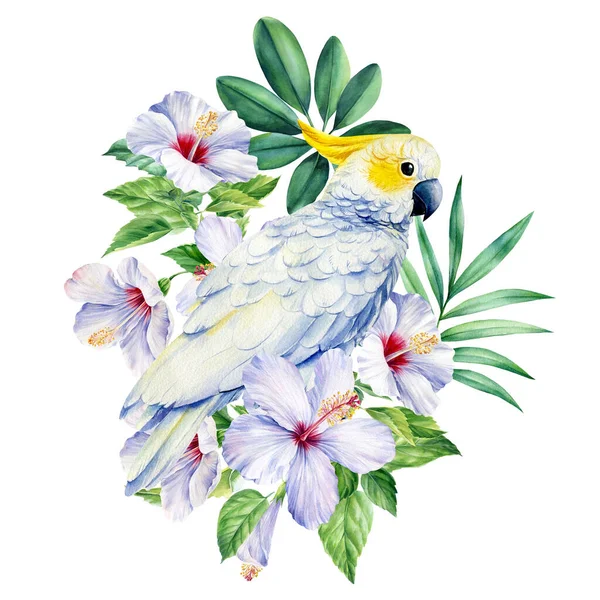 Cacatua em um fundo branco isolado, ilustração aquarela, folhas tropicais, flores e papagaio de pássaro — Fotografia de Stock