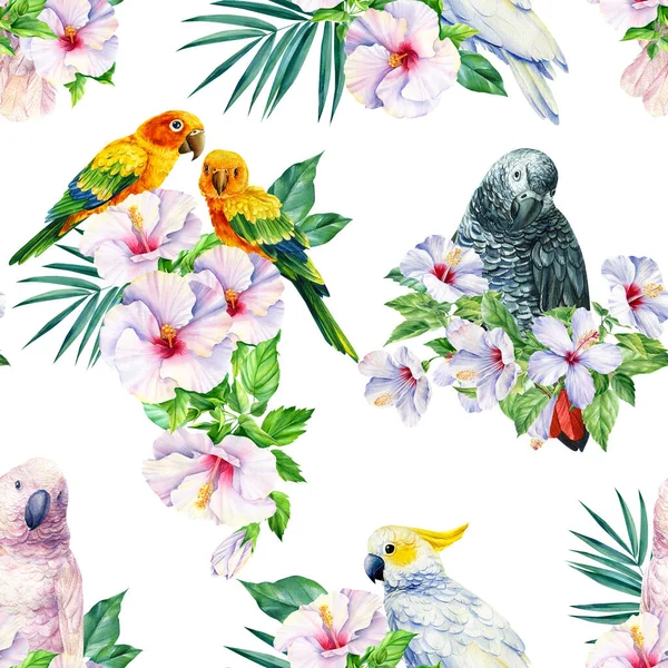 Акварель без печати с разноцветными попугаями, экзотическими цветами, пальмовыми листьями. Цветочный дизайн, джунгли — стоковое фото