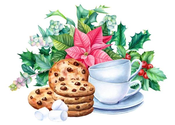 Édes akvarell karácsonyi kompozíció fehér háttérrel. Csokis keksz és egy csésze — Stock Fotó