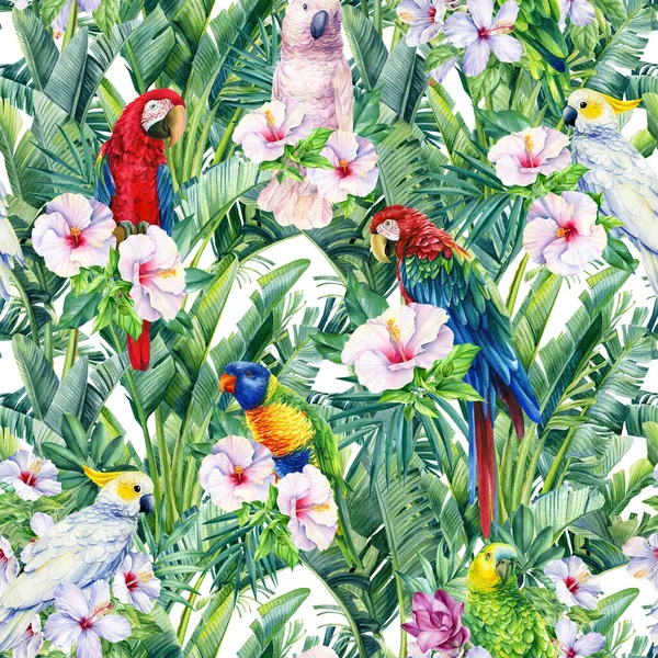 Renkli papağanlar, egzotik çiçekler ve palmiye yapraklarıyla suluboya, dikişsiz desen. Çiçek tasarımı, orman bitkileri 