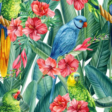 Renkli papağanlar, egzotik çiçekler ve palmiye yapraklarıyla suluboya, dikişsiz desen. Çiçek tasarımı, orman bitkileri 