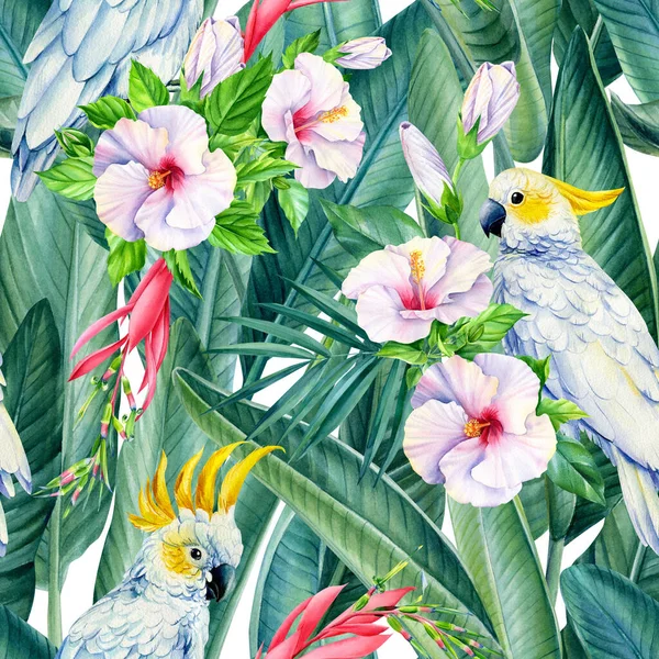 Trópusi madarak papagájok, egzotikus dzsungelnövények, virágok. elvont háttér. zökkenőmentes minta — Stock Fotó