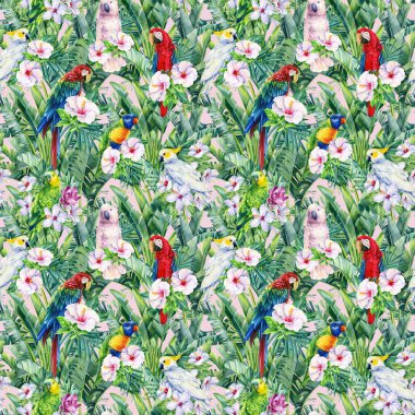 Papağan ve çiçek desenli suluboya tropikal desenler. Kuşlar ve orman palmiye yaprakları. Çiçek tasarımı