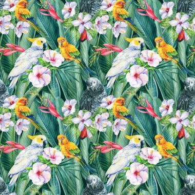 Papağan tropikal kuşlar papağan, egzotik orman bitkileri yaprakları, çiçekler. Soyut arkaplan. Kusursuz desen