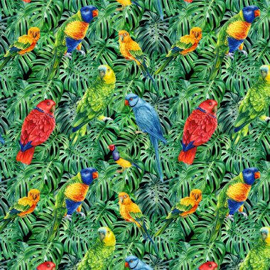 Papağanlarla suluboya kusursuz desen. Tropik kuşlar ve orman palmiyesi yaprakları. El boyaması çiçek tasarımı.
