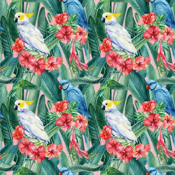 Acquerello modello tropicale senza cuciture con pappagalli e fiori di ibisco. uccelli e foglie di palma della giungla. Design floreale — Foto Stock
