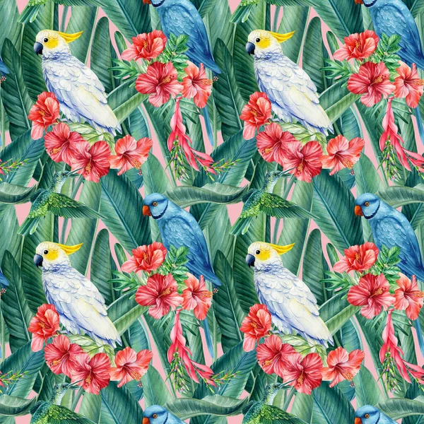 Watercolor tropical seamless pattern with parrots and hibiscus flowers. birds and jungle palm leaves. Floral design