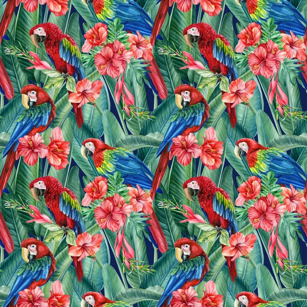 Pássaros tropicais papagaios, plantas exóticas da selva folhas, flores. fundo abstrato. padrão sem costura — Fotografia de Stock