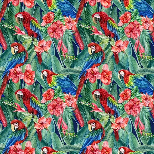 Tropical birds parrots, exotic jungle plants leaves, flowers. abstract background. seamless pattern