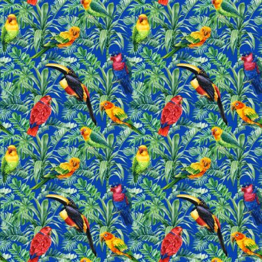 Yaz mevsiminin egzotik orman bitkisi tropikal palmiye yaprakları. Desen, pürüzsüz çiçek ve kuş tütünü, papağanlar.