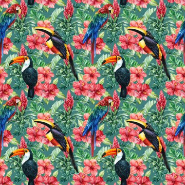 Yaz mevsiminin egzotik orman bitkisi tropikal palmiye yaprakları. Desen, pürüzsüz çiçek ve kuş tütünü, papağanlar.