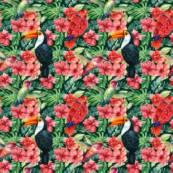 夏の植物の熱帯のヤシの葉、花、鳥のトウガン、オウム。シームレスパターン｜エキゾチックなジャングルの壁紙. — ストック写真